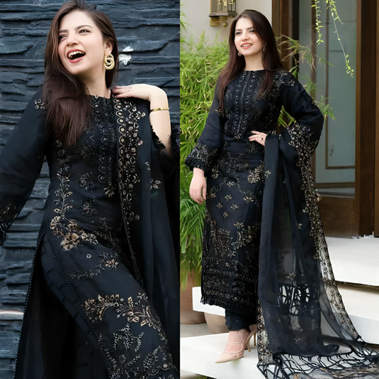 DA005-NISA - 3PC Lawn Embroidered Shirt With Chiffon Embroidered Dupatta