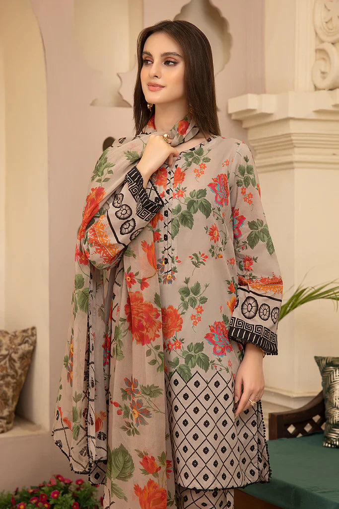 DA700-SUMMER 3Pc Digital Printed Lawn Shirt With Printed Lawn Trouser and Daimond Dupatta