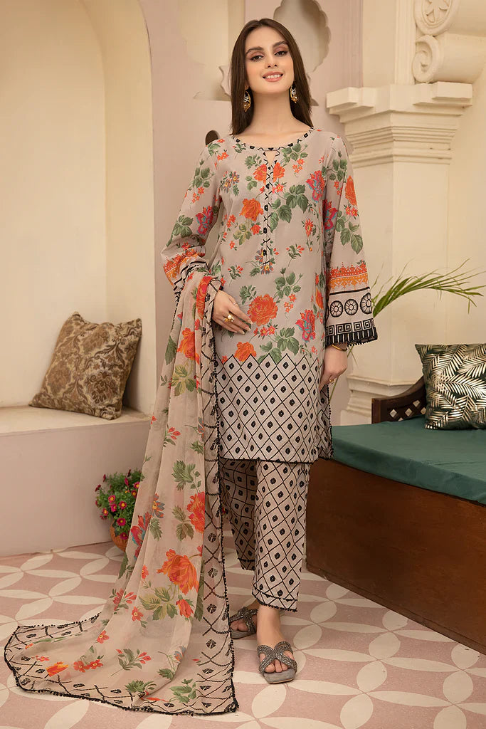 DA700-SUMMER 3Pc Digital Printed Lawn Shirt With Printed Lawn Trouser and Daimond Dupatta