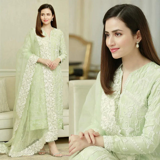 DA001-Pista- 3PC Lawn Heavy Embroidered Shirt With Organza Embroidered Dupatta