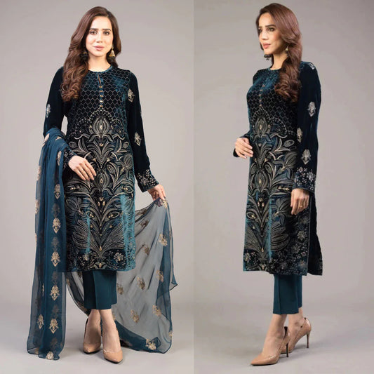 DA012-Bareeze 3PC Lawn Front Full Embroidered Back Bazo Embroidered Bember Dupatta.