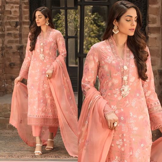 DA009-Bareeze -Embroided 3pc Lawn dress with embroidered chiffon dupatta