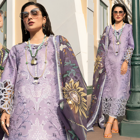 DA132-3 Piece Unstitched Heavy Embroidered Lawn Suit With Digital Printed Silk Dupatta