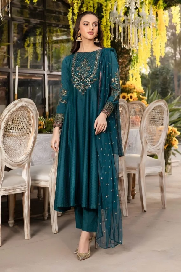 DA780- SUMMER, unstiched 3 piece Raw silk frock style embroidered suit With Embroidered Organza Dupptta