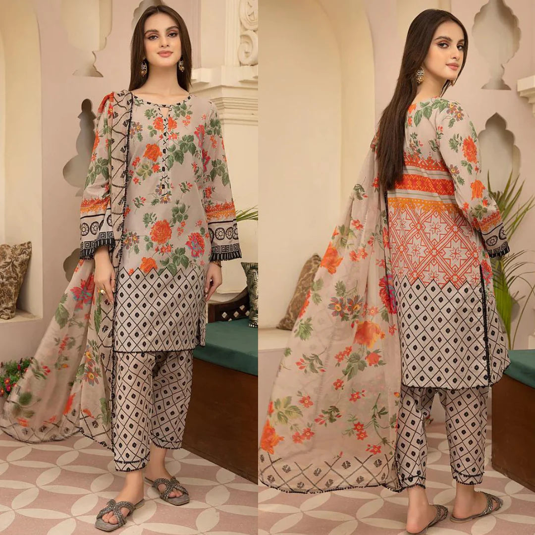 DA700-SUMMER 3Pc Digital Printed Lawn Shirt With Printed Lawn Trouser and Daimond Dupatta