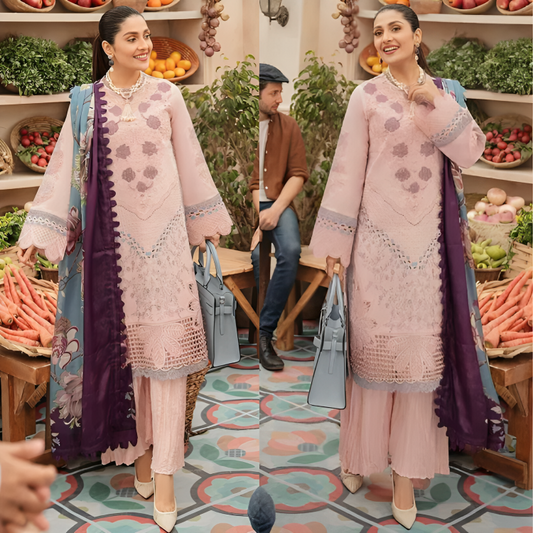 DA714-SUMMER MUSHQ 3PC EMBROIDERED LAWN SUIT WITH PRINTED SILK DUPATTA