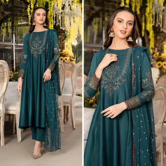 DA780- SUMMER, unstiched 3 piece Raw silk frock style embroidered suit With Embroidered Organza Dupptta