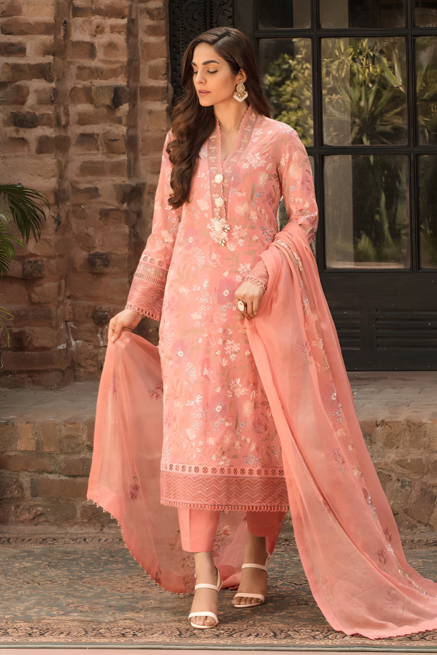 DA009-Bareeze -Embroided 3pc Lawn dress with embroidered chiffon dupatta