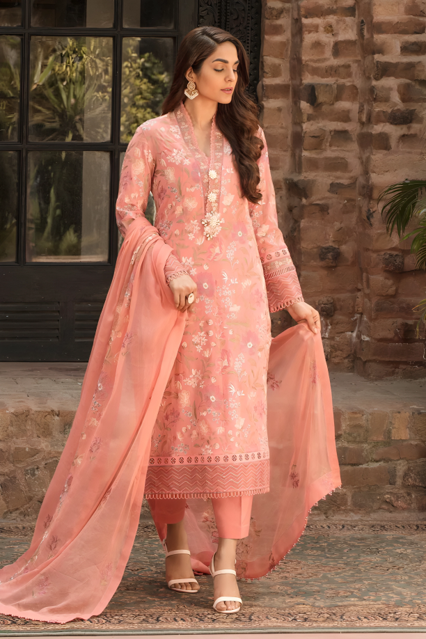 DA009-Bareeze -Embroided 3pc Lawn dress with embroidered chiffon dupatta